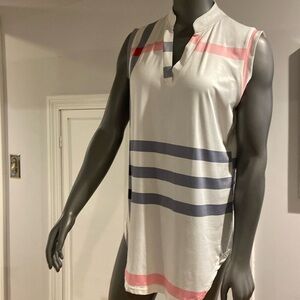 Sleeveless pullover v-neck tunic top. White with grey and pink design
